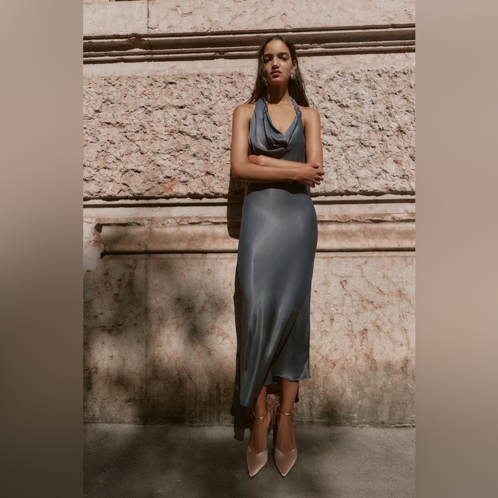 ZARA ASYMMETRIC BEADED SATIN EFFECT MIDI DRESS